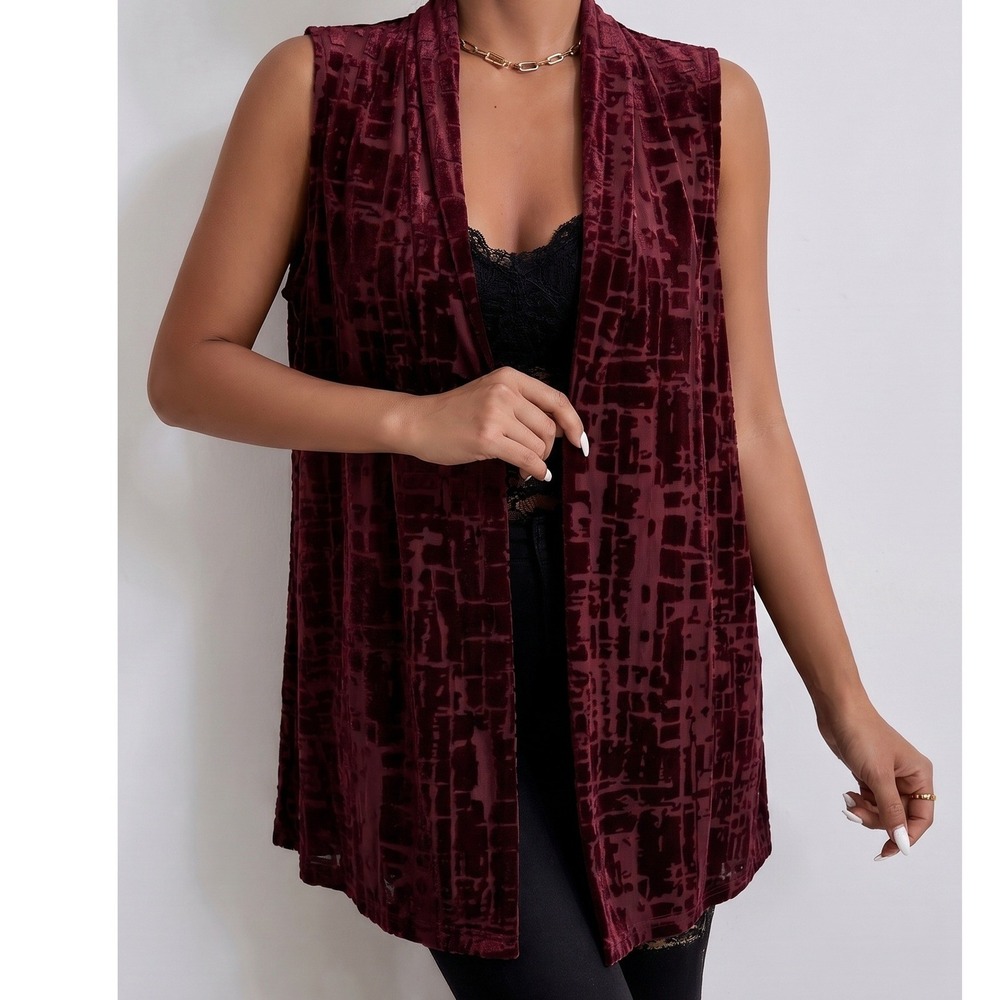 Susan Graver Burgundy Dark Academia Hippie Longline Velvet Burnout Vest XS